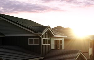 Sun rising over rooftops in Anthem Reserve.